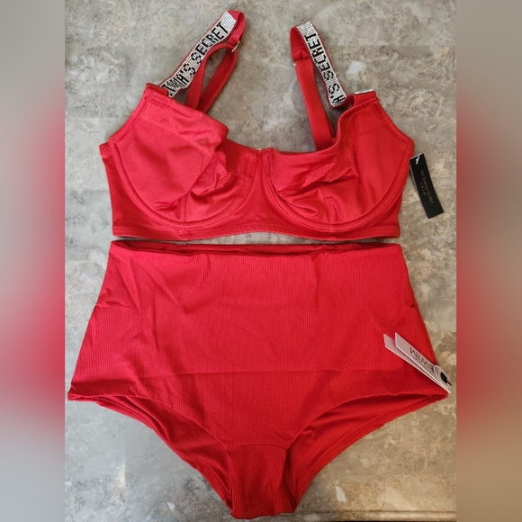 32DD/S VS Swim Shine Strap Bikini Top High Waist Boyshort Bikini Set Red - Picture 1 of 9